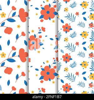 Set mit drei nahtlosen Blumenmustern. Vektorgrafik. Stock Vektor