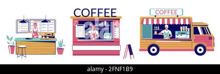 Street Coffee Shop Set, Vektor flach isoliert Illustration Stock Vektor