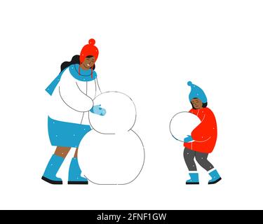 Vektor-isolierte flache Illustration. Glückliche afroamerikanische Mutter modelliert Schneemann und Baby Mädchen helfen ihr Carring Ball in den Händen. Winterurlaub vor C Stock Vektor