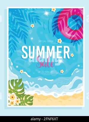 Flyer zum Sommerangebot. Hallo Sommer Strand Hintergrund. Vektorgrafik Stock Vektor