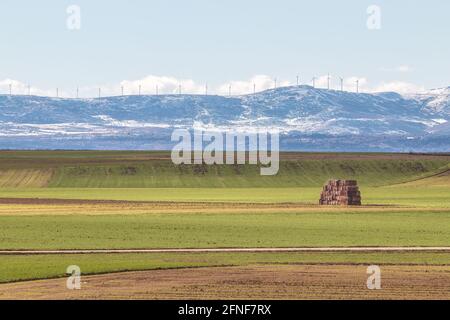 Strohballen auf einem Feld mit Windmühlen auf Bergen in Der Hintergrund Stockfoto