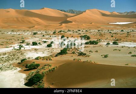 Dünen in Sossusvlei, eine große Tonsenke mit oasenähnlichem Charakter im Namib-Naukluft-Nationalpark, der nur gelegentlich mit Wasser gefüllt ist und von Sanddünen bis zu 300 Meter hoch umgeben ist. [Automatisierte Übersetzung] Stockfoto