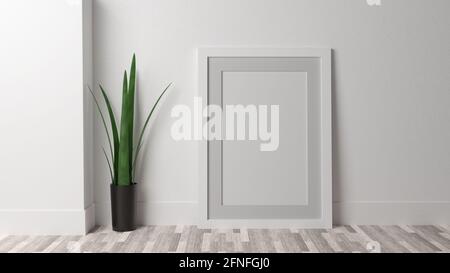 Postermockup auf einer weißen Wand mit weißem Rahmen. CGI-Bild, 3D-Rendering, 3D-Illustration Stockfoto