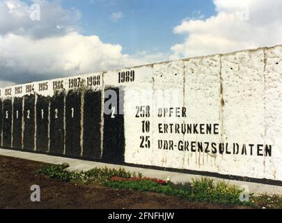 Im Zuge des Rückbaus der Grenze zwischen der BRD und der DDR von 09.11.1989 bis 1999 wurde in Berlin ein Mahnmal für alle an der DDR-Grenze verstorbenen Opfer eröffnet, das die Anzahl der Opfer in den einzelnen Jahren anzeigt. Insgesamt wurden 258 Opfer betrauert, 10 ertrunken und 25 Tote DDR-Grenzposten. [Automatisierte Übersetzung] Stockfoto