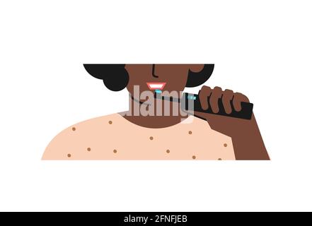 Vektor-isolierte Illustration. Nahaufnahme Porträt einer afroamerikanischen Frau, die mit einer elektrischen Zahnbürste Zähne putzt, um ihre Gesundheit zu retten. Täglicher Zahnersatz Stock Vektor