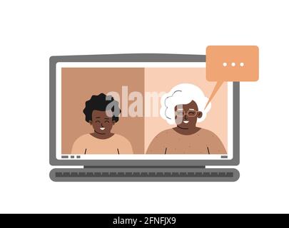 Vektorkonzept. Monitor von Laptop mit afroamerikanischen Jungen und älteren Lehrer. Online Fernunterricht in Quarantäne. Web-Plattform für Homeschoolin Stock Vektor