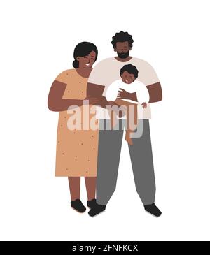 Vektor-isolierte flache Illustration. Afroamerikanischer Pflegevater hält das adoptierte Kind in den Armen. Mutter steht bei ihnen. Glückliche Familie zeigen Liebe und Stock Vektor