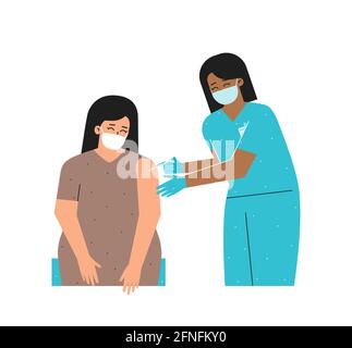 Vector Isolated Flat Concept Illustrated Coronavirus (COVID-19)-Impfung. Asiatische Krankenschwester hält Spritze und gibt antivirale Injektion mit neuem Medikament zu Stock Vektor