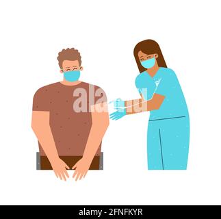 Vector Flat Concept Illustrated Coronavirus (COVID-19)-Impfung. Europäische Krankenschwester hält Spritze. Frau verabreicht jungen A eine antivirale Injektion mit Medikament Stock Vektor