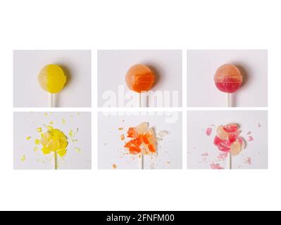 Karamell auf Stäbchen auf weißem Hintergrund, Chupa chups-Muster, Lutscher Stockfoto