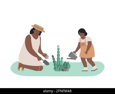 Vektor flache Illustration mit Comic-Figuren. Afroamerikanische Mutter im Strohhut pflanzt Blumen durch Spatel und lächelnde kleine Mädchen Wasser Blätter Stock Vektor