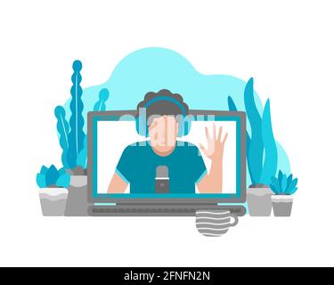 Vektorgrafik flache Illustration mit Laptop und Person (auf dem Bildschirm) zu Hause Aufnahme Video auf Webcam. Remote-Arbeit von Bloggern, Podcast-Hosts, Lehrer mit Stock Vektor