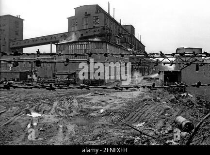 Sachsen-Anhalt / DDR-Land / / 1/ 1992 Leuna: Dieser Chemiearbeiter reißt sein Werk als ABM-Arbeiter nieder. Der Mähdrescher ist zerbrochen, einige Teile bleiben erhalten, der Rest wird aufgewickelt. Das Gebiet wird für verschiedene Unternehmen genutzt, um sich niederzulassen // Beschäftigung / Industrie / Chemie / Vertrauen / Abriss Hier wurde einst die große chemische Industrie Deutschlands gegründet. 1916 baut die Firma BASF aus Ludwigshafen eine Ammoniakfabrik in der Nähe des Dorfes Leuna. 1924 wird eine Methanolanlage zugesetzt und aus 1927 wird Benzin produziert. Damals war Leuna mit 29,000 das größte Chemiewerk Europas Stockfoto