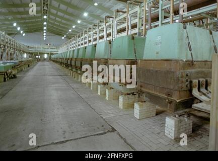 Sachsen-Anhalt / DDR / Industrie / 1993 Bitterfeld, Chemie AG, der ehemalige chemische Mähdrescher, Chlorelektrolysezellen. // Wirtschaft / Landschaft / Chemie / Bundesländer 1894 baute die Chemische Fabrik Griesheim (Frankfurt am Main) in Bitterfeld eine Fabrik zur Herstellung von chloriertem Kalk durch Elektrolyse. Im Jahr 1900 wurde das Verfahren auch zur Herstellung von Magnesium und Aluminium eingesetzt. 1923 zog Griesheim vollständig nach Bitterfeld. Andere Firmen ließen sich in der Nähe der Braunkohlebergwerke nieder: Agfa baute eine Farb- und eine Filmfabrik. Das Ende kam 1990. Der VEB Chemiekombinat hatte noch 13000 Stockfoto