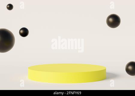 Gelbes Zylinderpodest oder Sockel für Produkte oder Werbung auf weißem Hintergrund, minimale 3d-Darstellung Stockfoto