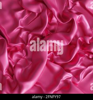 Rosa glänzende Satin- oder Seidentextilien, luxuriöses Tuch mit Falten, 3d-Rendering-Hintergrund Stockfoto