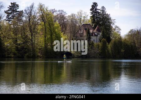 Stand Up Paddle Boarder am Wessling See in Oberbayern, Deutschland, Europa. Stockfoto