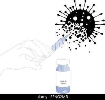 Hand halten Spritze mit Impfstoff zerstören Virus COVID - 19 Molekül. Stoppen Sie den Hintergrund des Coranavirus-Konzepts. Vektorgrafik EPS 10 Stock Vektor