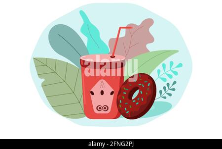 Kaffee in einer Papiertasse mit einem Donut.Farbtrias Stock Vektor