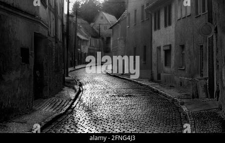 Sachsen-Anhalt / DDR-Land / Oktober / 1990 Eisleben, Altstadtallee // Orte / DDR / Lutherstadt. Diese Gasse führt von Luthers Geburtsort. Lutherstraße / Hirtenstraße // Altstadt / Geschichte [automatisierte Übersetzung] Stockfoto