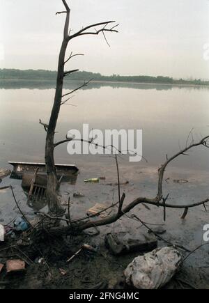 Länder / Sachsen-Anhalt / DDR-Land / Juni 1990 der Silbersee in Bitterfeld. Es wurde so genannt, weil es biologisch tot war und Silber glänzte. Das Abwasser der Wolfenfilmfabrik ORWO (AGFA bis 1945) wurde in die ehemalige Braunkohlegrube geleitet // Umwelt / Wasser / Landschaft 1 [automatisierte Übersetzung] Stockfoto