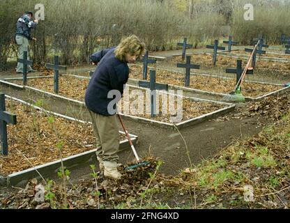 Sachsen-Anhalt / DDR-Land / Arbeit / 1991 arbeitslose Frau in der Arbeitsbeschaffung - ABM- Betreuung eines sowjetischen Militärfriedhofs in Schkopau (BUNA) bei Halle. Diese Frau arbeitete bei der BUNA vor // Friedhof / Frauen / sowjet / Arbeitslose / Arbeit / Bundesländer [automatisierte Übersetzung] Stockfoto