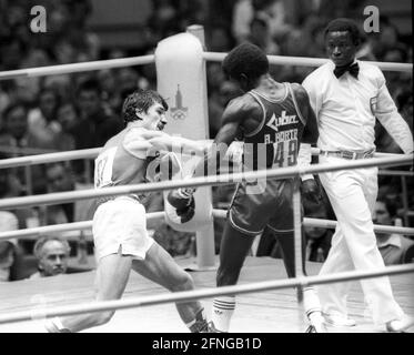 Olympische Spiele 1980 Moskau / Boxfinale im Federgewicht / Olympiasieger Rudi Fink (DDR) gegen Adolfo Horta (Kuba) 02.08.1980 [automatisierte Übersetzung] Stockfoto