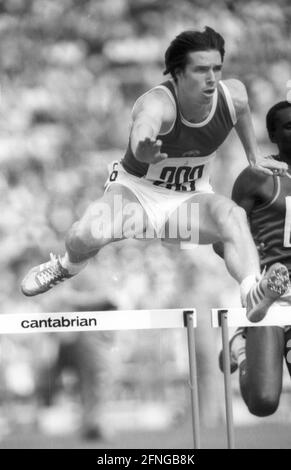 Olympische Spiele, Moskau 1980, Leichtathletik 400 m Hürden, Olympiasieger Volker Beck in Aktion 27.07.1980. [Automatisierte Übersetzung] Stockfoto