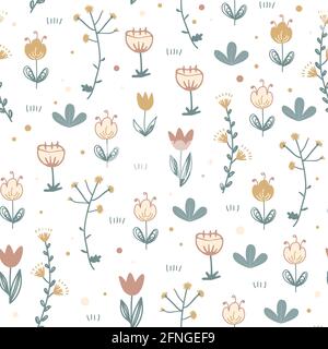 Doodle florales Nahtloses Muster. Skandinavischer Druck mit niedlichen Blumen. Trendy Vektor glücklich Illustration Hintergrund, Textil-und Schreibwaren-Design Stock Vektor