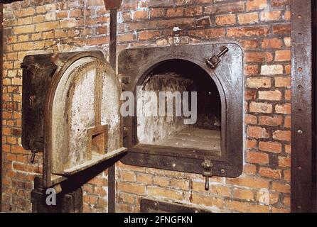 Polen / Geschichte / Konzentrationslager / 1999 Konzentrationslager Auschwitz, Hauptlager, Verbrennungsofen im Krematorium, // Juden / Nazis / Faschismus // UNESCO-Weltkulturerbe *** Ortsüberschrift *** Geschichte / Faschismus / Polen / Nationalsozialismus / Juden / Konzentrationslager Auschwitz (alter Teil). Verbrennungsofen im Krematorium, Touristen bilden Rumänien // UNESCO-Weltkulturerbe / [automatisierte Übersetzung] Stockfoto