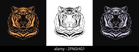 Gold, schwarz und silber Tiger Kopf, Satz von isolierten Umriss Tiger Gesicht. Raubkatze. Tiger Silhouette, Logo und Maskottchen. Vektorgrafik Stock Vektor