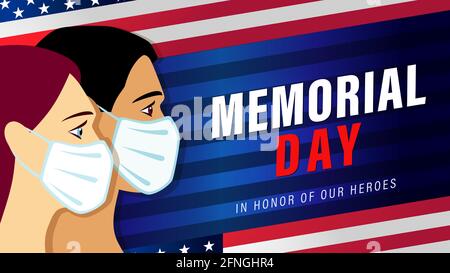Memorial Day USA Banner mit Menschen in medizinischer Maske und Flagge. Feiertagsdesign für US-Urlaub mit amerikanischen Männern und Frauen, Text und Flagge auf Blau Stock Vektor