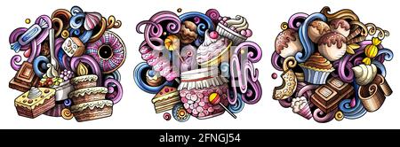 Desserts Cartoon Vektor Doodle Designs Set. Stock Vektor