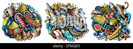 Sommer Strand Cartoon Vektor Doodle Designs Set. Stock Vektor