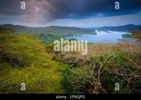 Panama-Landschaft mit Abendlicht über dem dichten Regenwald des Soberania-Nationalparks und des Flusses Chagres, Provinz Colon, Republik Panama. Stockfoto