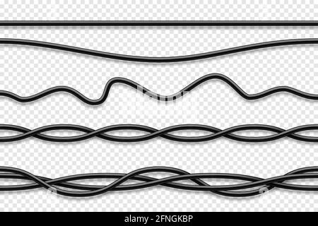 Flexible Kabelsammlung. Schwarzes Elektrokabel. Realistisches Netz- oder Netzwerkkabel. Vektorgrafik. Stock Vektor