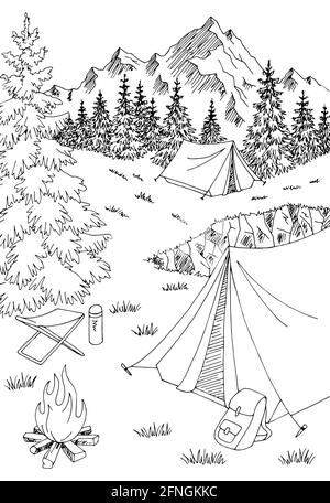 Camping vertikale Grafik schwarz weiß Berglandschaft Skizze Illustration Vektor Stock Vektor