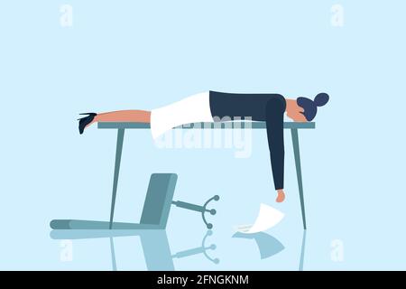 Professionelles Burnout-Syndrom. Erschöpft krank müde weibliche Managerin traurig langweilig liegt mit Kopf nach unten auf dem Tisch. Frustrierte psychische Gesundheitsprobleme der Arbeitnehmer. Vektor lange Arbeit Stress Tag eps Illustration Stock Vektor