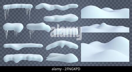 Realistische Schneekappen. Schneewehe mit gefrorenen Eiszapfen und Schneeränder, weihnachten verschneiten Winter Dekorationen Vektor Illustration Set. Winterschneehappen Stock Vektor