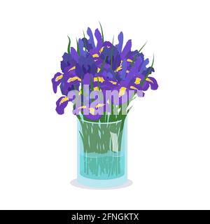 Niedliche Blumen im Frühling und Sommer in einer Vase. Ein Strauß lila Iris als Geschenk. Innenarchitektur. Werkhalle Stock Vektor