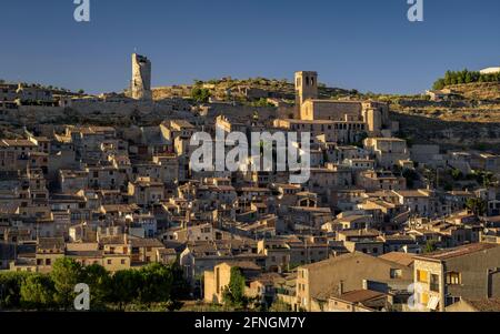 Guimerà mittelalterliches Dorf bei Sonnenuntergang (Urgell, Katalonien, Spanien) ESP: Pueblo nedieval de Guimerà, al atardecer (Urgell, Cataluña, España) Stockfoto