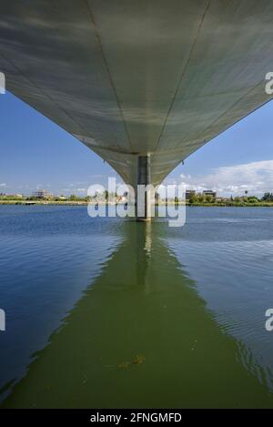 Lo Passador Brücke über den Ebro Fluss sein Delta zwischen Deltebre und Sant Jaume d'Enveja (Ebro Delta, Tarragona, Katalonien, Spanien) Stockfoto