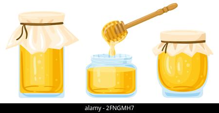 Cartoon-Honiggläser. Glastöpfe und Holzlöffel mit tropfendem flüssigen Honig isoliert Vektor-Illustration-Set. Transparente Honiggläser Stock Vektor