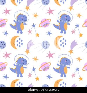 Nahtloses Muster mit niedlichem Dinosaurier im Kosmos. Weißer Hintergrund, Vektorgrafiken. Zum Einwickeln von Papier, Textilien, Kinderkleidung, Deckdrucken, Tassen Stock Vektor