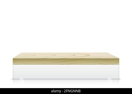 Rechteckiger Holzständer, isoliert auf weißem Hintergrund. Breite ästhetische Holzplattform, für Produktpräsentation oder Objektplatzierung. Minimalistisches modernes Vektordisplay. Stock Vektor