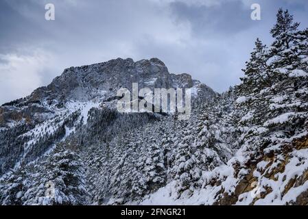 Pedraforca Nordwand vom Aussichtspunkt Gresolet nach einem Winterschnee gesehen (Berguedà, Katalonien, Spanien, Pyrenäen) Stockfoto