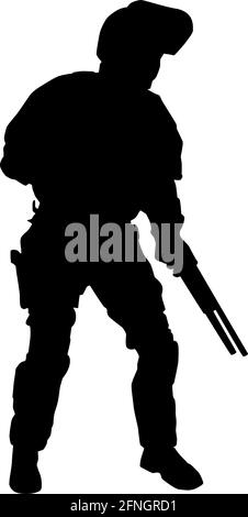 Polizei-Spezialeinsatzkommando, SWAT-Team-Shooter im Sturzschutzhelm mit aufgeklapptem Visier, stehend und hockend mit Schrotflinte in den Händen, schwarze Vektor-Silhouette isoliert auf weißem Hintergrund Stock Vektor