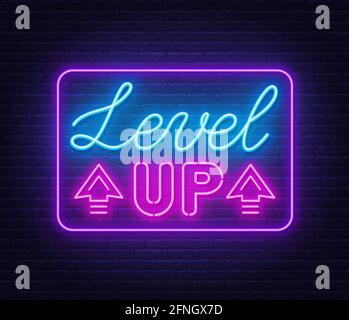 Level up Neon-Zeichen auf Backstein Wand Hintergrund. Stock Vektor