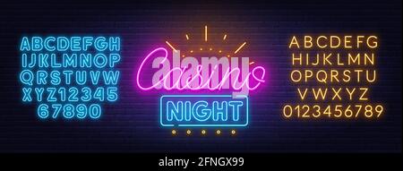 Casino Night Neon-Schild auf Backsteinmauer Hintergrund. Neon blau und gelb Alphabet . Stock Vektor