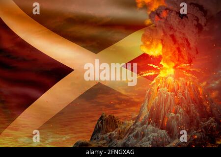 Großer Vulkanausbruch in der Nacht mit Explosion auf Jamaika Flagge Hintergrund, Probleme wegen der Naturkatastrophe und vulkanisches Erdbeben konzeptionelle 3D il Stockfoto